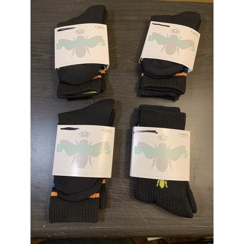 Bombas Crew Socks Youth XS (4 PAIR LOT) Black With Teal & Orange Stripe - NEW